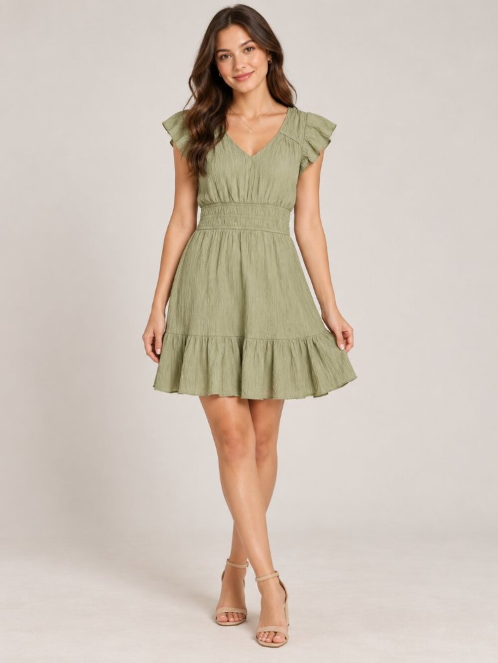 MINE Sage Green Crinkle Ruffle Sleeve Shirred Waist Mini Dress M